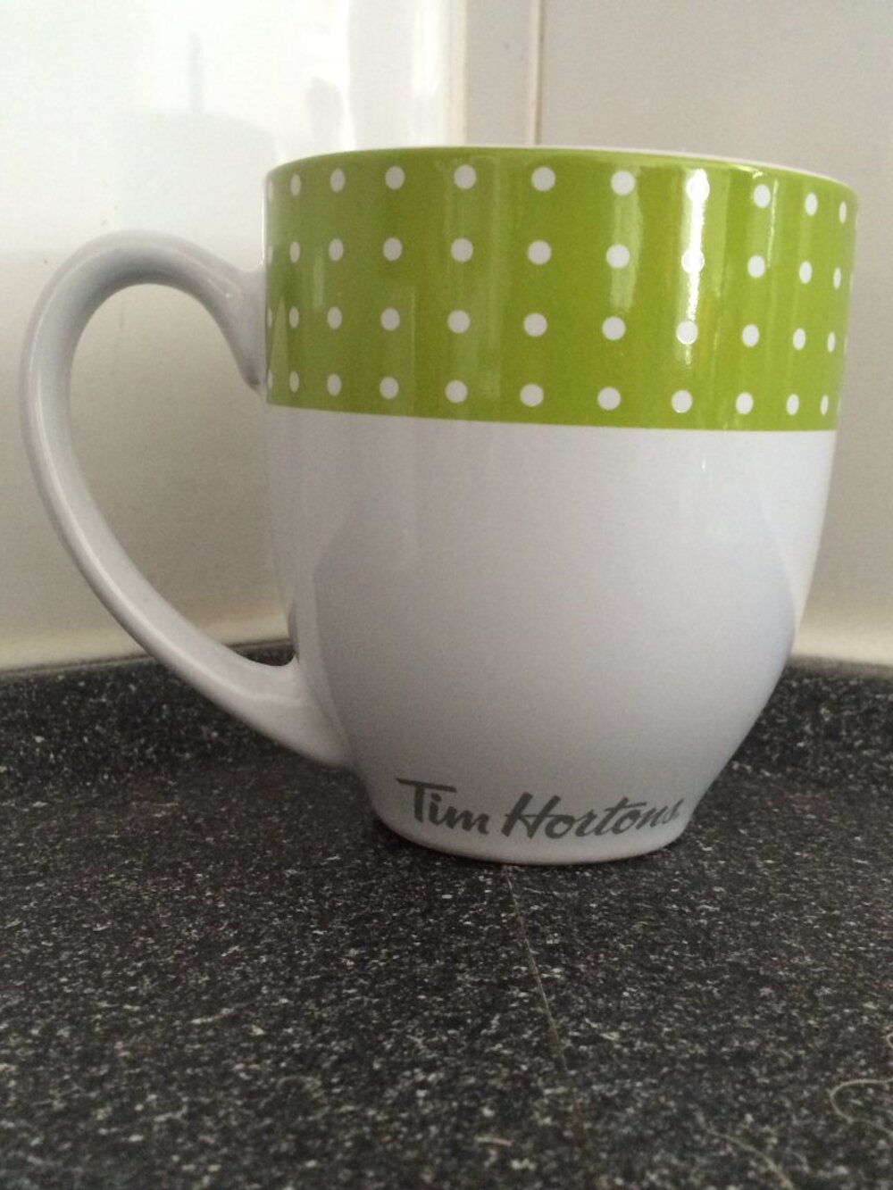 Tim Hortons 2017 Coffee Mug White Green Banner Polka Dot Ceramic Collectible